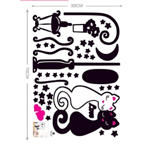 Black and white couple cats wall sticker with street lamp moon stars and love heart design