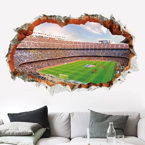 Detailed 3D soccer stadium wall sticker with creative broken wall effect for home decor