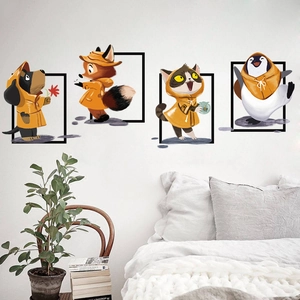 Cartoon animal wall decals featuring dog, fox, cat, penguin in yellow raincoats