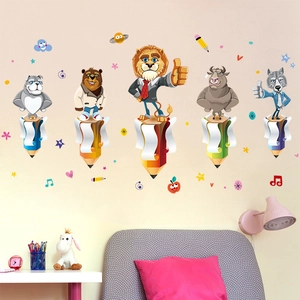 Cartoon animal wall stickers with lion and bear on pencils for kids room decor