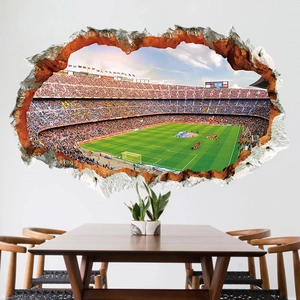 Detail of 3D football stadium wall decal with realistic cracked brick effect and depth