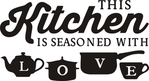 Detail of waterproof vinyl kitchen wall decal featuring the quote Seasoned With Love