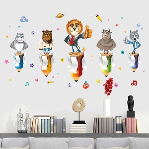 Cartoon animal pencil wall stickers featuring lion and bear for children bedroom decor
