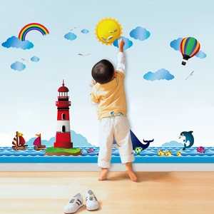 Nautical Ocean Lighthouse Wall Sticker For Kids Room Cartoon Whale Rainbow Sun PVC Waterproof Nursery Mural Art Home Decor
