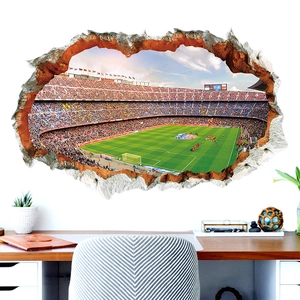 Detailed 3D broken wall effect football stadium mural featuring a realistic soccer field