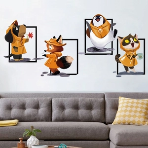 Cartoon animals in yellow raincoats wall stickers set for living room decor