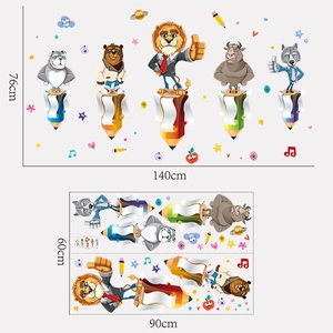 Cartoon animals on pencils wall decals with application size 140x76cm and layout 90x60cm