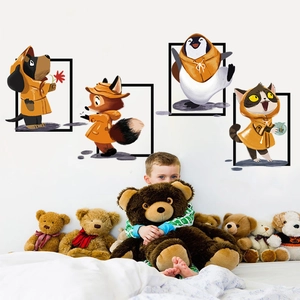 Cute cartoon animal wall stickers featuring a dog, fox, penguin and cat in raincoats