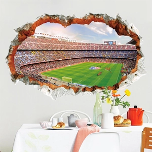 Detail of 3D football stadium wall sticker with realistic cracked wall effect for living room