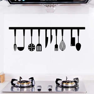 Sticker mural noir minimaliste d'ustensiles de cuisine avec silhouettes d'outils variés