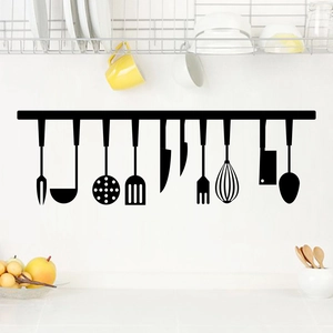 Stickers muraux cuisine avec 10 silhouettes de couverts noirs en PVC, couteaux et cuillères