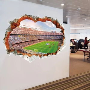 3D realistic broken wall sticker featuring Camp Nou stadium interior for wall decor