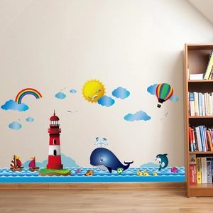 Nautical lighthouse and whale cartoon wall decals for kids bedroom decor