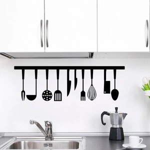 Stickers muraux noirs ustensiles de cuisine en vinyle pour décor de cuisine moderne