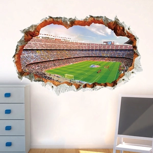Macro view of 3D football stadium wall sticker with realistic broken wall effect