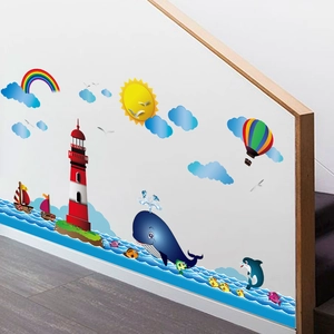 Cartoon ocean lighthouse wall stickers for kids room with whale and waves decor