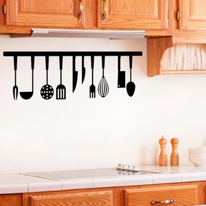 Sticker mural de cuisine amovible DIY avec silhouettes noires d'ustensiles en PVC