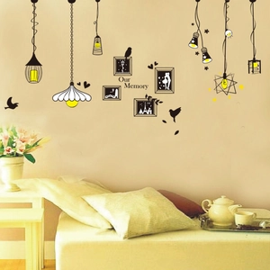 Creative black and yellow chandelier wall stickers with Our Memory photo frame decals