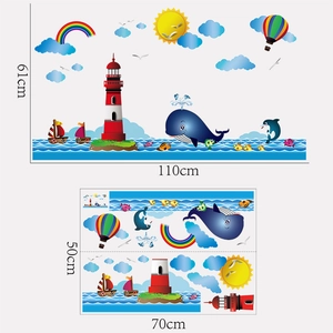 Detail view of ocean lighthouse wall decal set showing product dimensions and layout