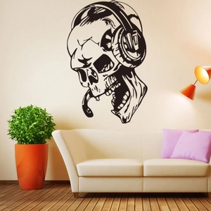 Creative PVC Skull Wearing Headphones Wall Sticker Waterproof Vinyl Home Decor For Living Room Bedroom Studio Sticker Mural