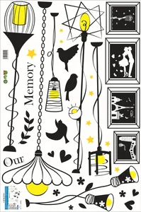 Macro layout of creative PVC wall decals with lamps, birds, and Eiffel Tower silhouettes