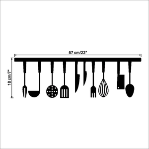 Détail du sticker mural cuisine DIY noir avec motifs ustensiles et dimensions 57x18cm