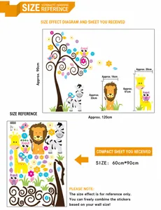Cartoon animal wall decals set with lion giraffe and zebra for kids bedroom decor