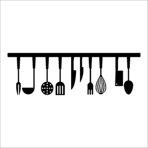 Détail des stickers muraux silhouettes noires d'ustensiles de cuisine sur fond blanc
