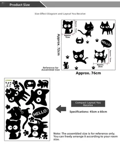 Size chart showing dimensions for black cartoon cat wall stickers and layout details