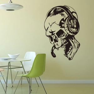 Creative wall decal featuring a skull with headphones in a modern dining room setting