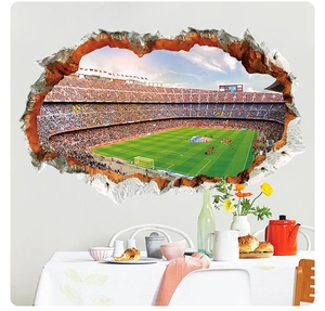 3D football stadium wall sticker with creative broken wall effect for living room decor