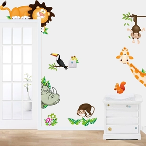 Cartoon forest animals wall decal with giraffe, lion and monkey for kids room decor