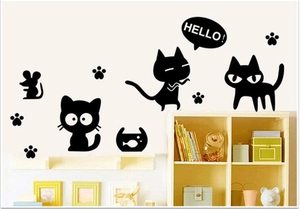 Cartoon black cat wall sticker set with hello speech bubble for home decoration