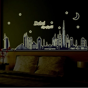 Luminous Dubai city skyline wall sticker with Burj Al Arab and Burj Khalifa silhouettes