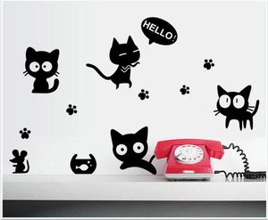 Creative black cartoon cat wall decals set for kids bedroom with paw prints and mouse