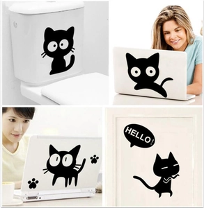 Creative black cartoon cat wall stickers for bedroom and laptop decor with paw prints