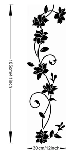 Detailed size chart for black floral vine wall sticker measuring 105cm by 30cm in height