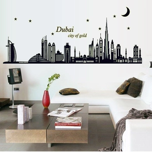 Luminous Dubai skyline wall stickers featuring Burj Khalifa and stars for home decor
