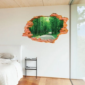 3D forest path wall sticker with creative broken brick wall effect for bedroom decor