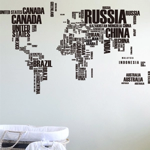 Modern black world map wall decal made of country names for living room home decor