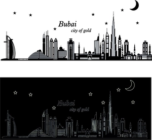 Luminous Dubai skyline wall sticker featuring Burj Khalifa and Burj Al Arab architecture