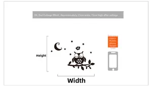 Dimensions du sticker mural hibou mignon avec un téléphone comme référence de taille