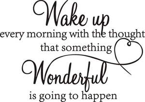 Detail view of Wake Up inspirational wall decal with heart design and artistic font