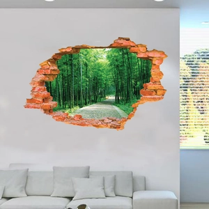 3D broken wall sticker featuring a lush green bamboo forest path for living room decor