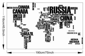 Minimalist world map wall decal made of English typography names for wall decor