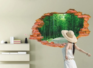 3D broken wall decal featuring deep green bamboo forest path for home interior decor