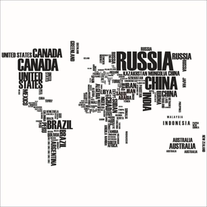 Modern minimalist black and white world map wall sticker made of creative word clouds