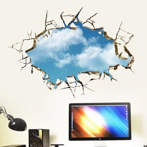 3D Wandtattoo mit Mauerdurchbruch und blauem Himmel für moderne Büro Wandgestaltung