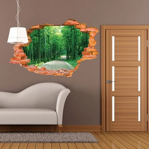 Detailed 3D wall decal showing a lush forest path through a broken brick wall effect