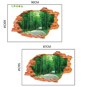 Detailed dimension guide for 3D broken wall sticker featuring lush bamboo forest path